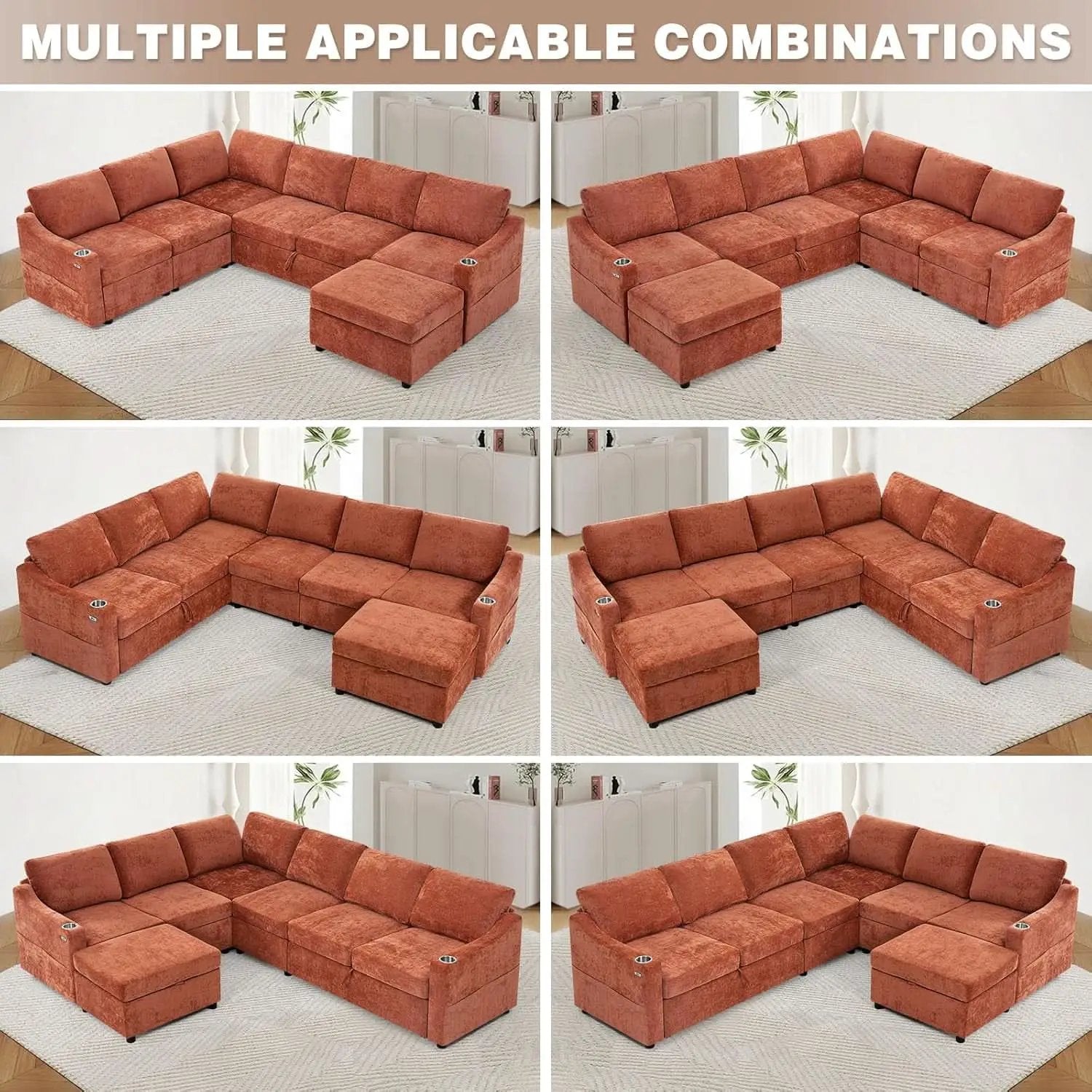 116Inch Orange Chenille Fabric Modular Sleeper Sofa USB from PriceLows™
