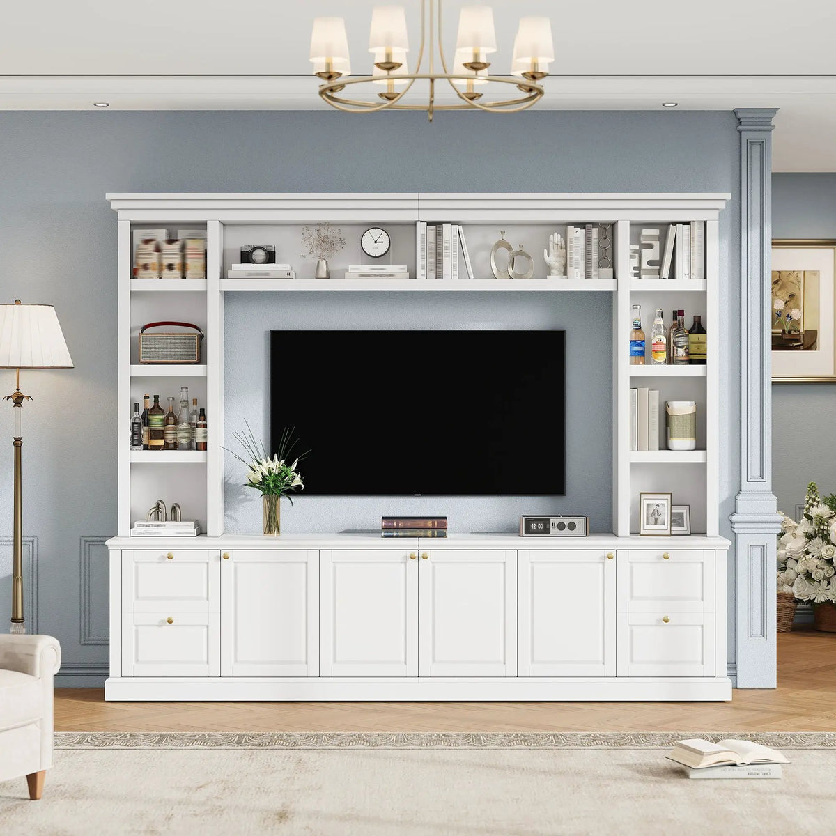TV Stand With Bookcase | 3 Adjustable Shelves | Fits 70 Inch