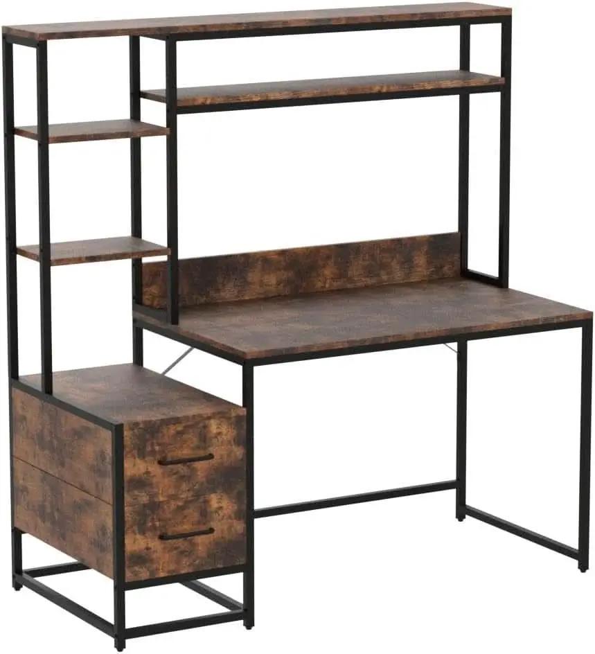 55 Inch Rustic Brown Computer Desk With Drawers And Shelves from PriceLows™