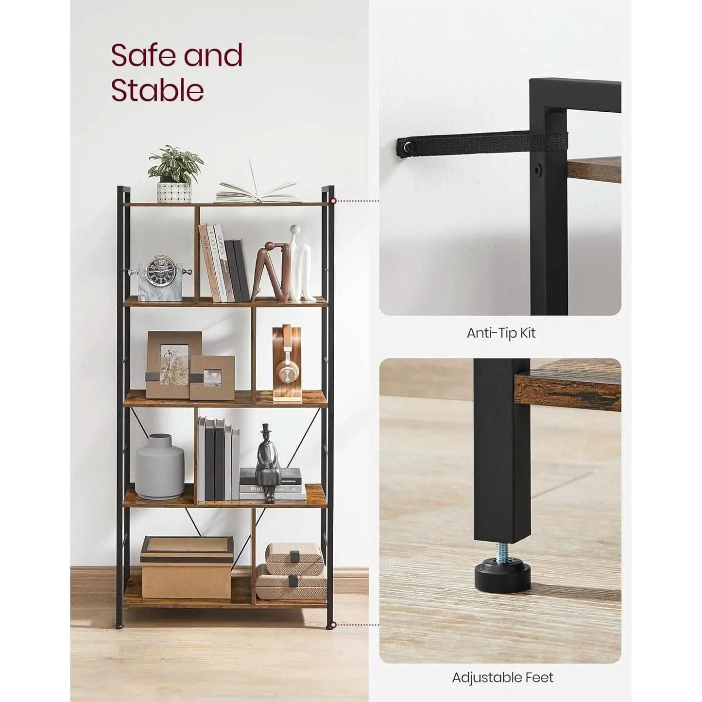 5 Tier Bookshelf Rustic Brown And Black Metal Frame from PriceLows™