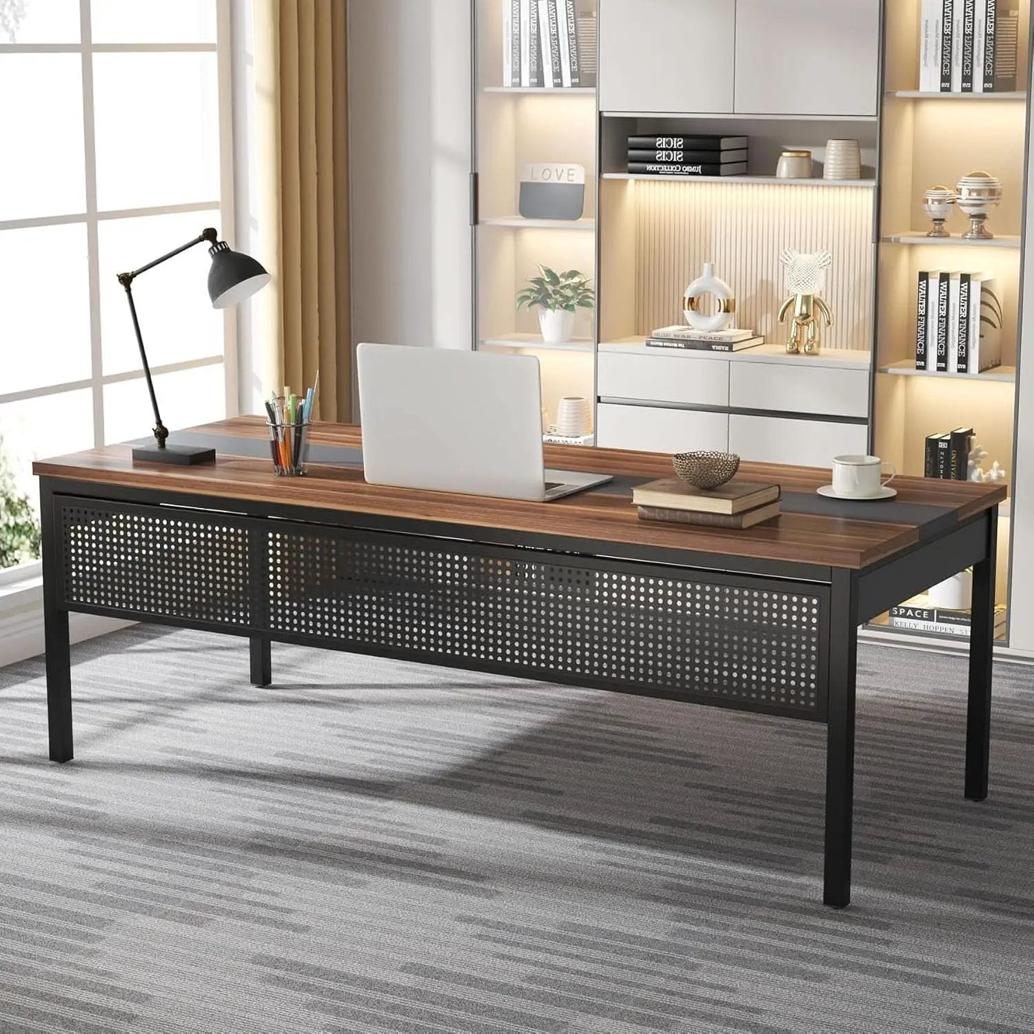 71 Inch Walnut Executive L Shaped Desk With File Cabinet from PriceLows™