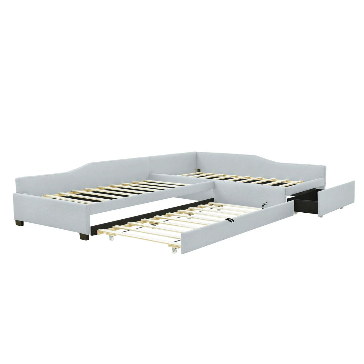 Upholstered Double Daybed | Trundle And Drawer | Two Twin Beds | 120 Inch Length