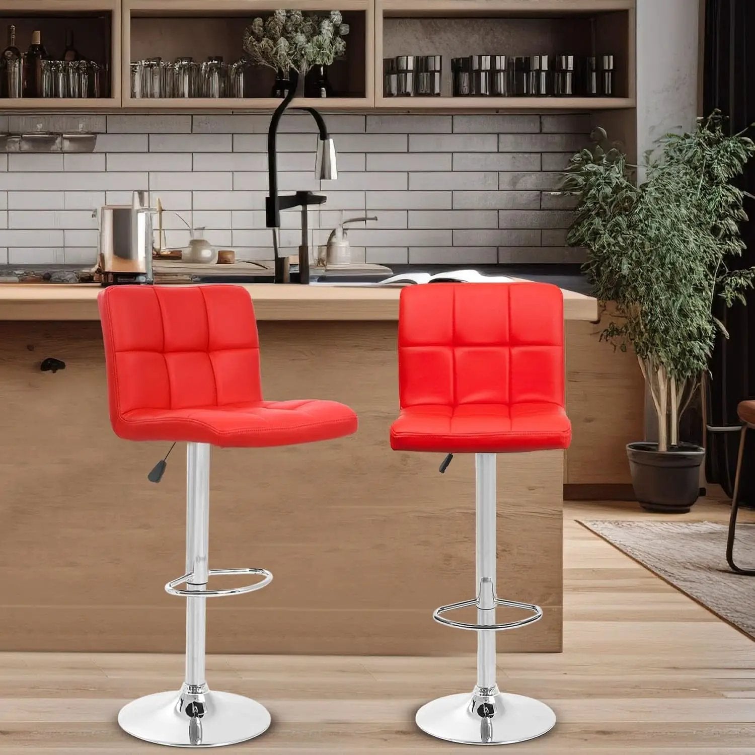 Red Adjustable Swivel Bar Stools Set Of 2 PU Leather from PriceLows™