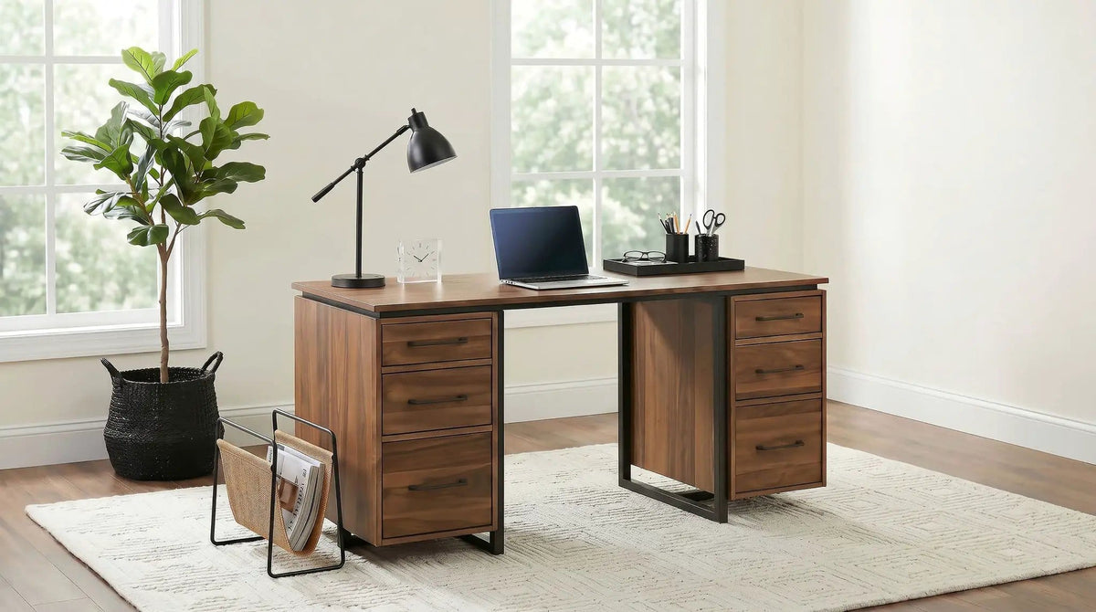 Berhalter 6-Drawer Double Pedestal File Computer Desk | 63 x 25.75 x 30 in | Rubberwood & Engineered Wood | Home Office