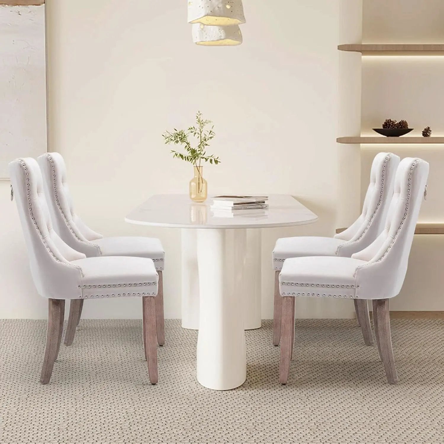 Velvet Dining Chairs Beige Nailhead Trim Set Of Four from PriceLows™