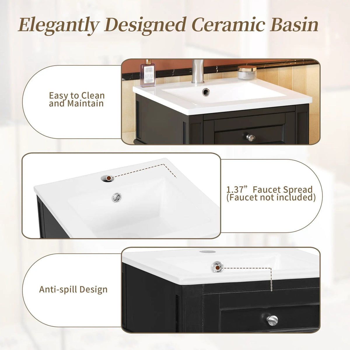 French Style Bathroom Vanity | Integrated Ceramic Sink | Fluted Panels | Solid Wood Legs