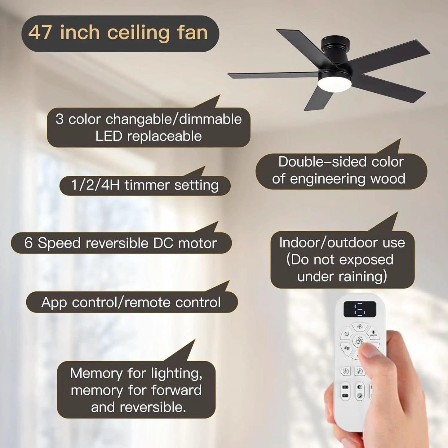 Black 47 Inch Low Profile Ceiling Fan With Remote LED from PriceLows™