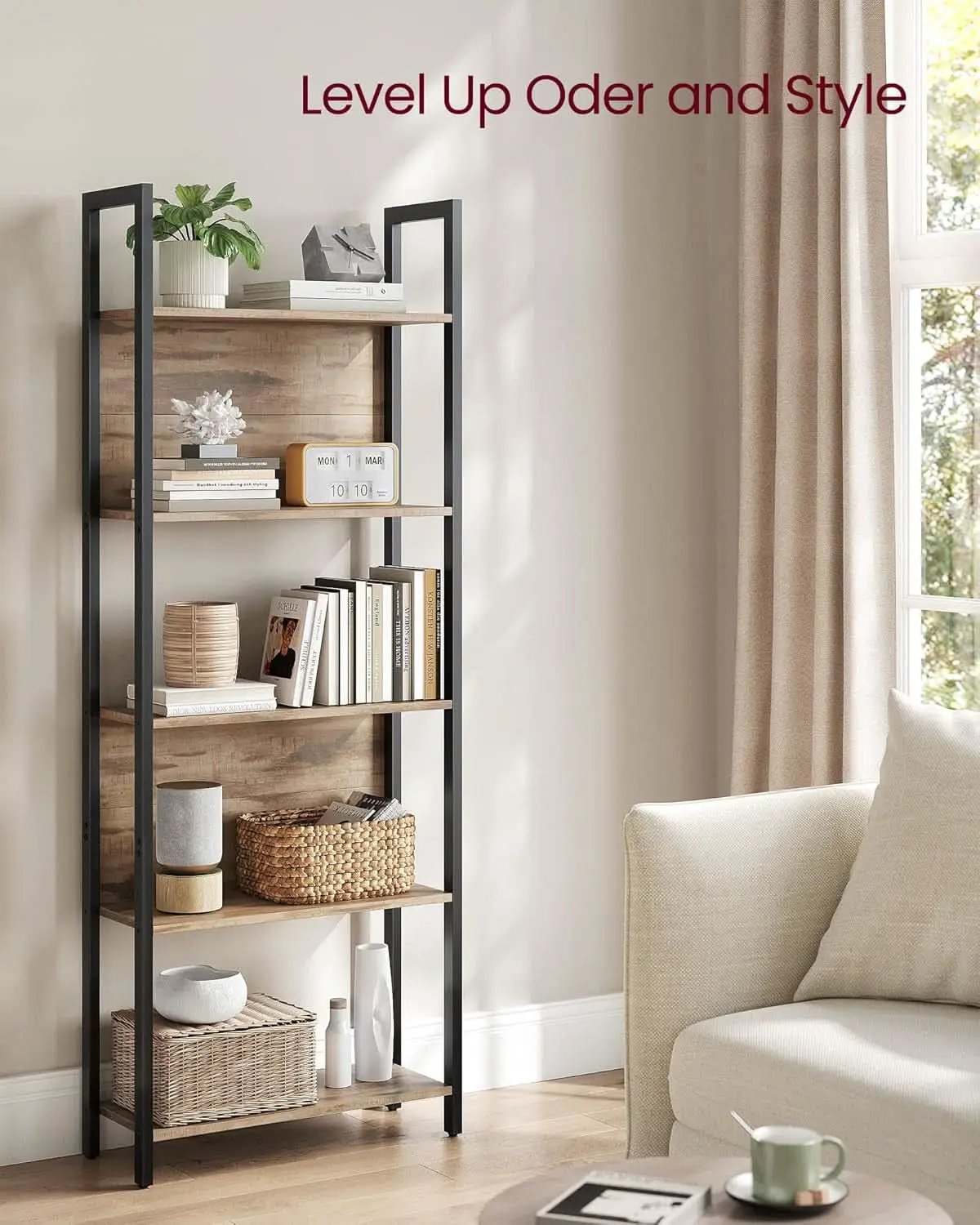 Five Tier Bookshelf With Steel Frame Camel Brown And Black from PriceLows™