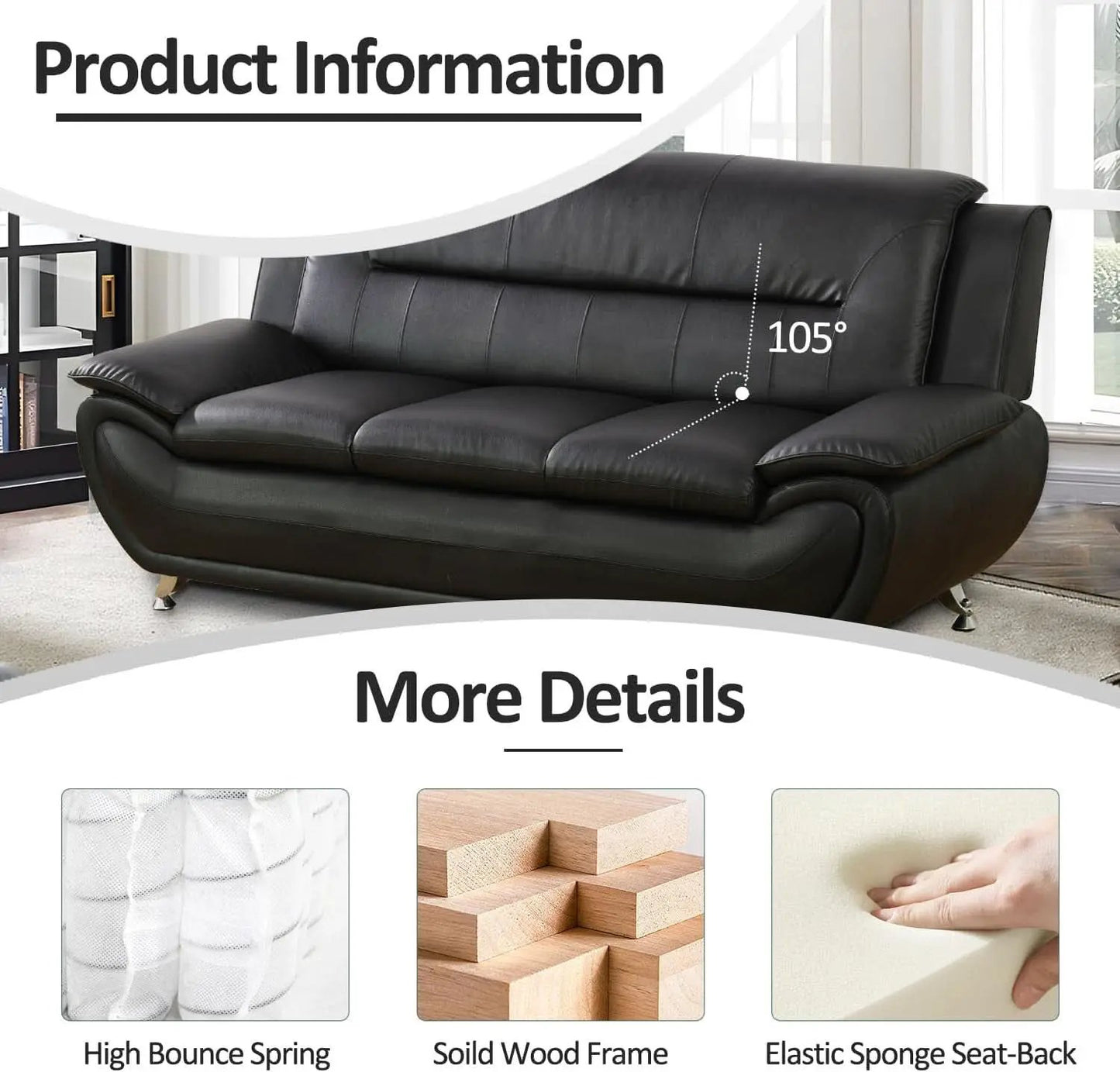 Faux Leather 3 Piece Modern Living Room Sofa Set Black from PriceLows™