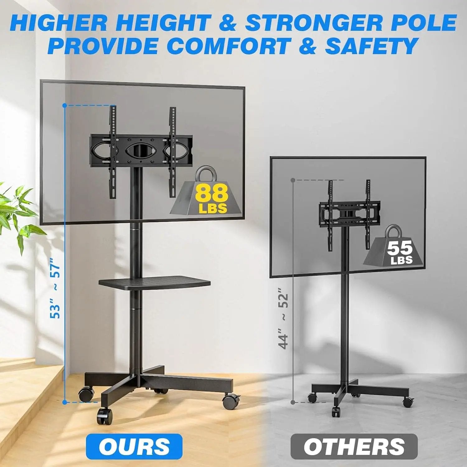 Mobile TV Stand Adjustable Height For 23 To 60 Inch TVs from PriceLows™