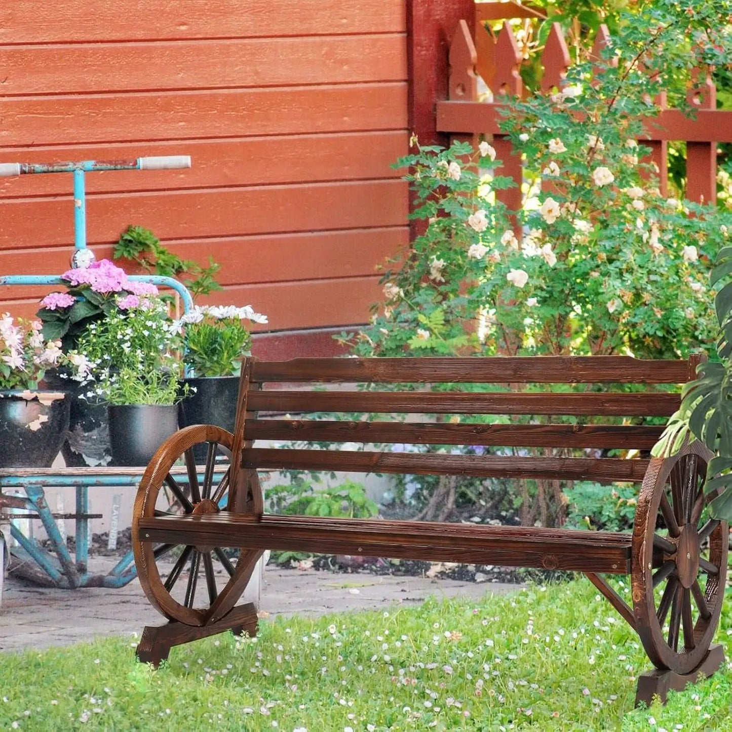 Rustic Wooden Garden Bench with Wagon Wheel Arms from PriceLows™