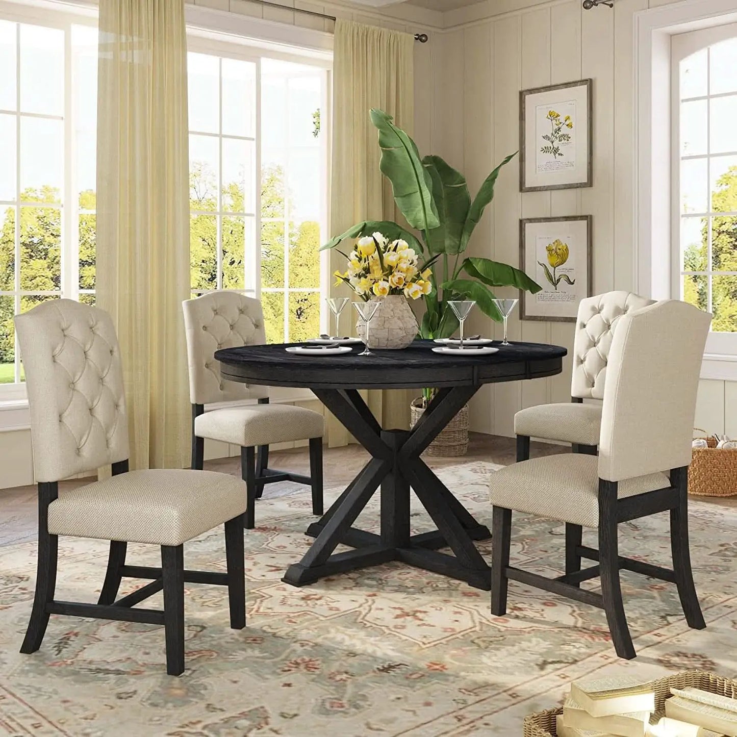 Extendable Round Dining Table Set 5 Piece Modern Farmhouse Style from PriceLows™