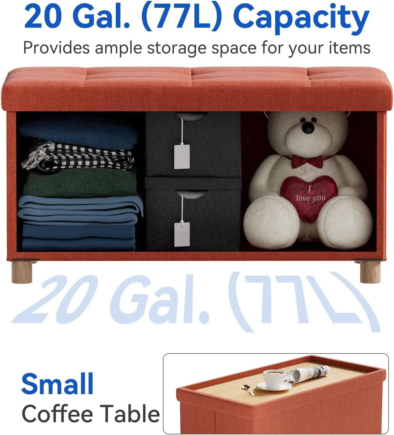 30 Inch Folding Storage Ottoman Bench Bright Orange from PriceLows™