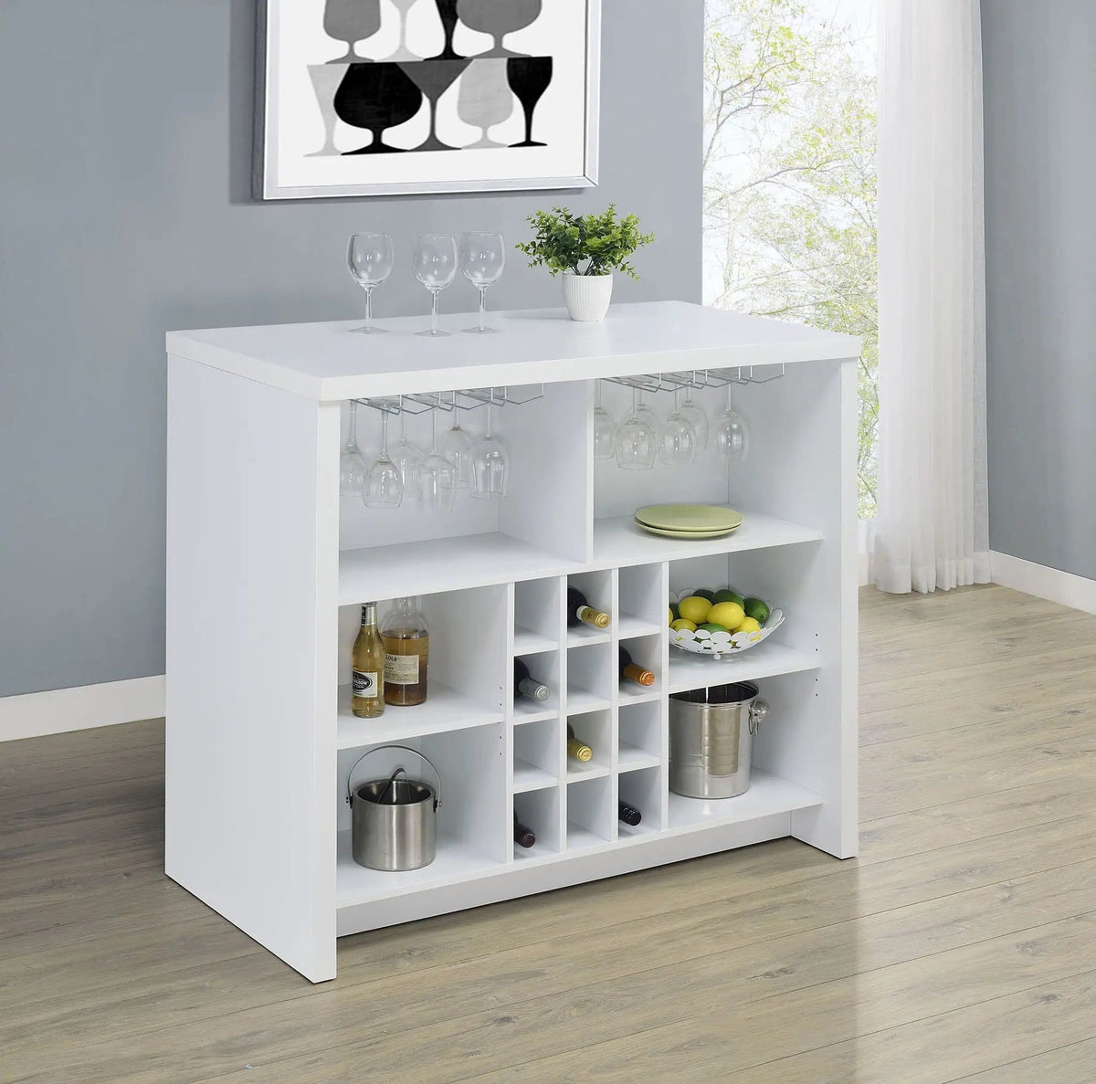 Topanga Engineered Wood Freestanding Home Bar | 47.25 x 23.5 x 43.5 in | Engineered Wood & Metal | White