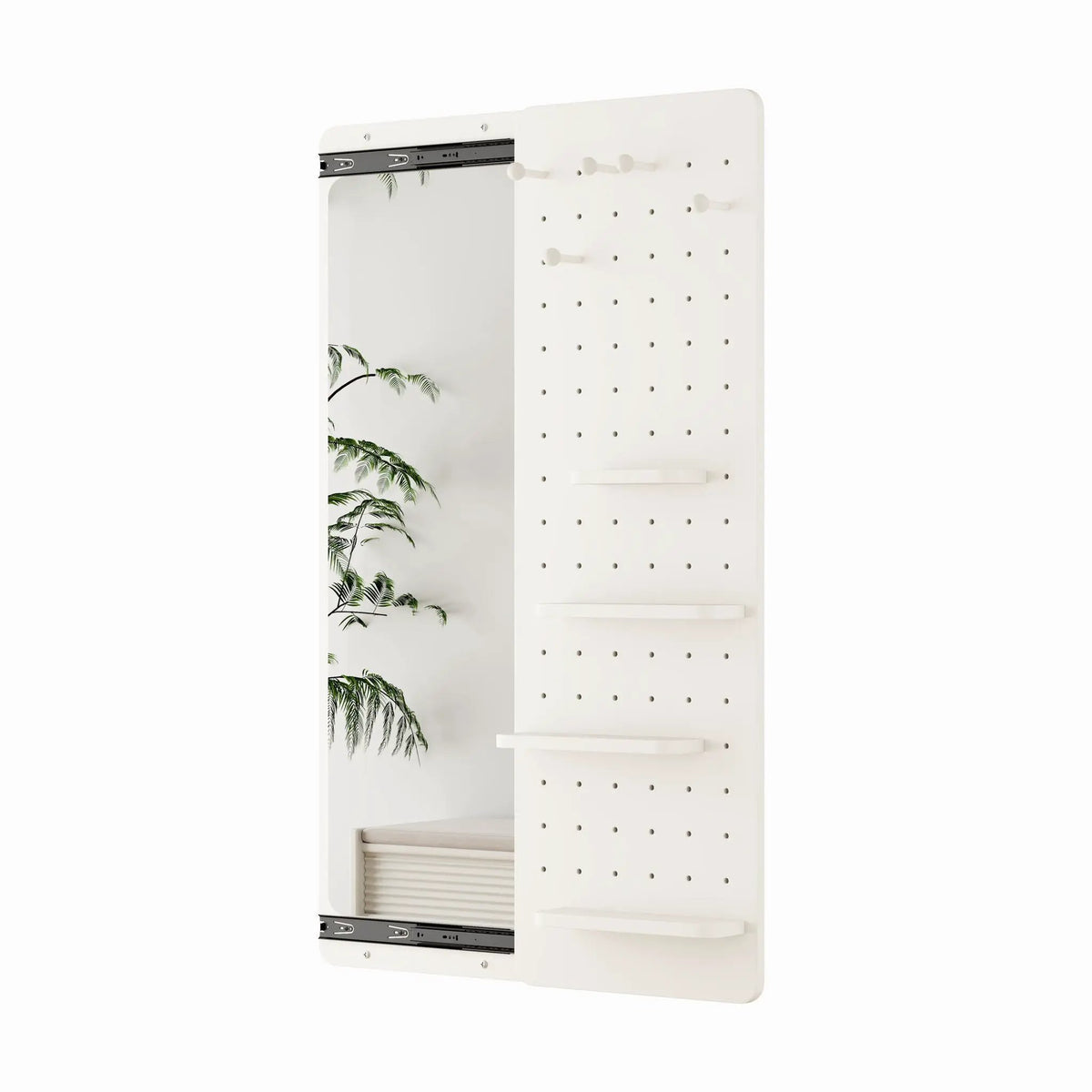 Wall Mounted Full Length Mirror | Shelf And Hook | Solid Rubber Wood | Push-Pull Removable Panel