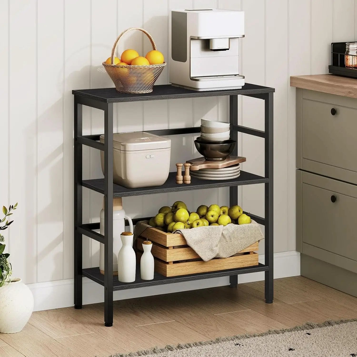 Three Tier Bookshelf Industrial Bookcase And Record Storage Rack With Side Fence Black Metal Frame Rustic Wood from PriceLows™