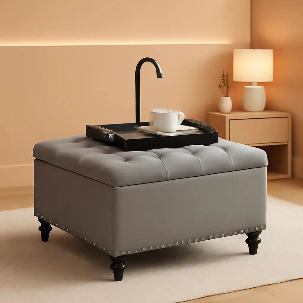 Grey Tufted Storage Ottoman With Tray Square Coffee Table from PriceLows™