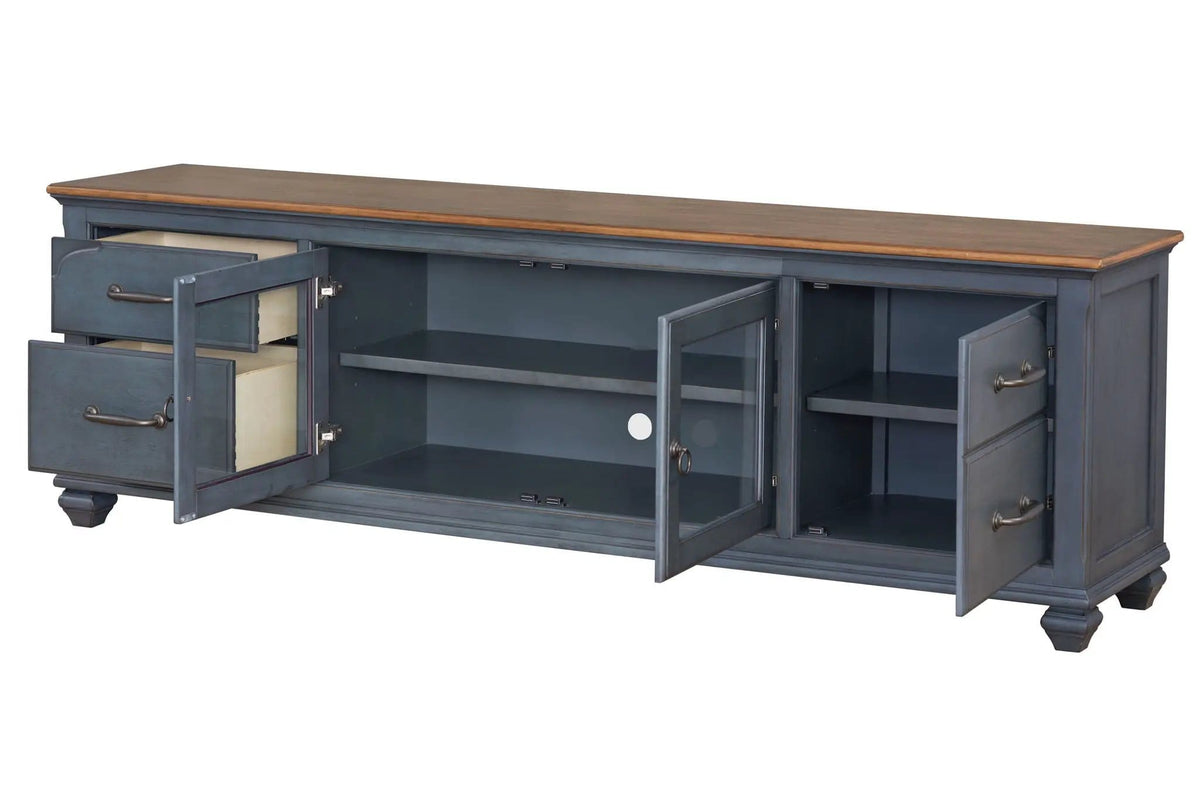 TV Stand For TVs Up To 90" - | 84 x 18 x 27 in | Glass & Wood | Blue