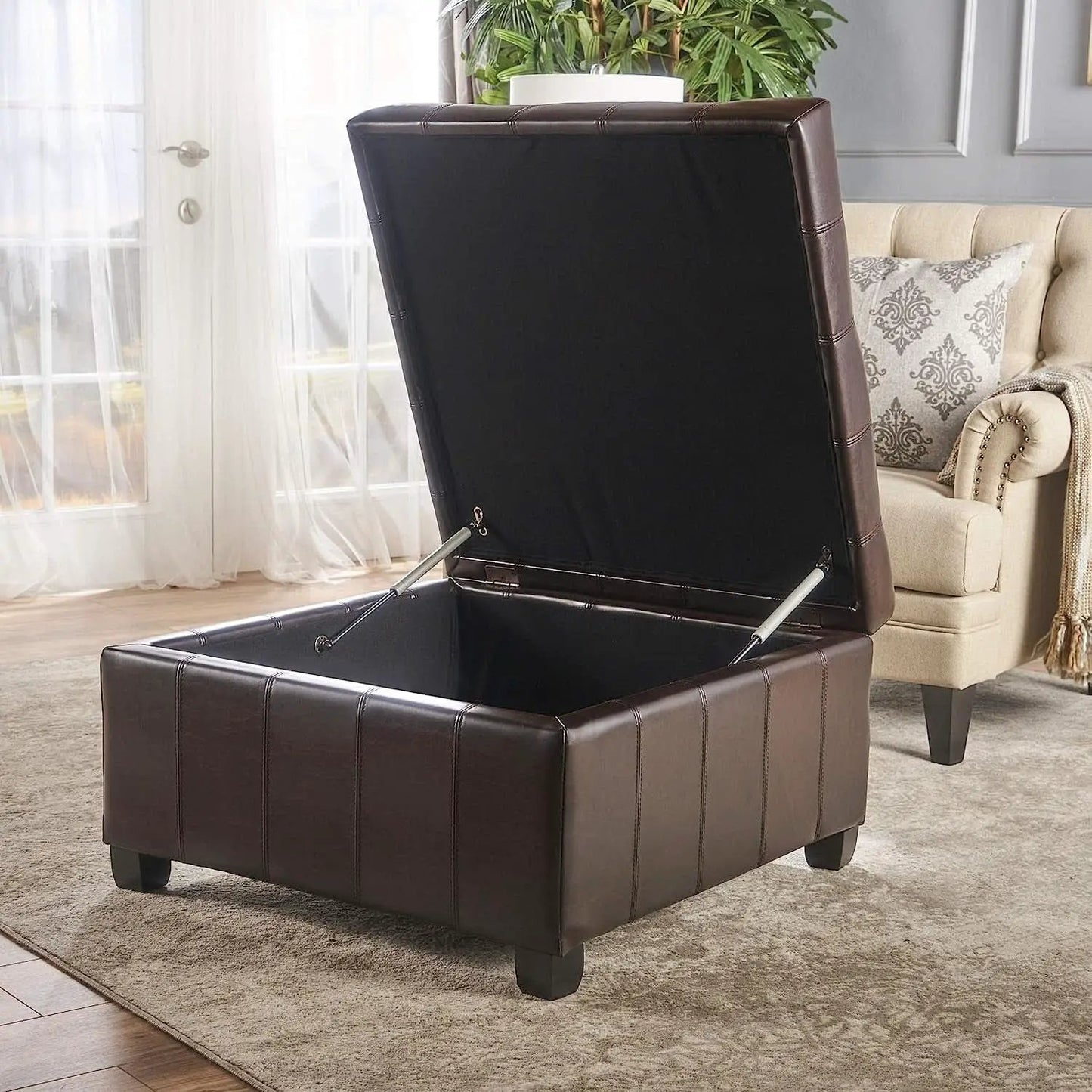 Marbled Brown Leather Storage Ottoman for Living Room from PriceLows™