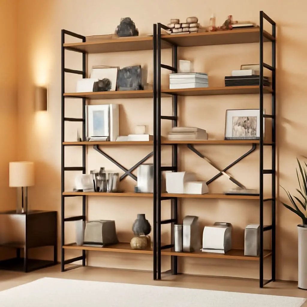 Pair Of 5 Shelf Bookcases Rustic Brown Industrial Tall from PriceLows™