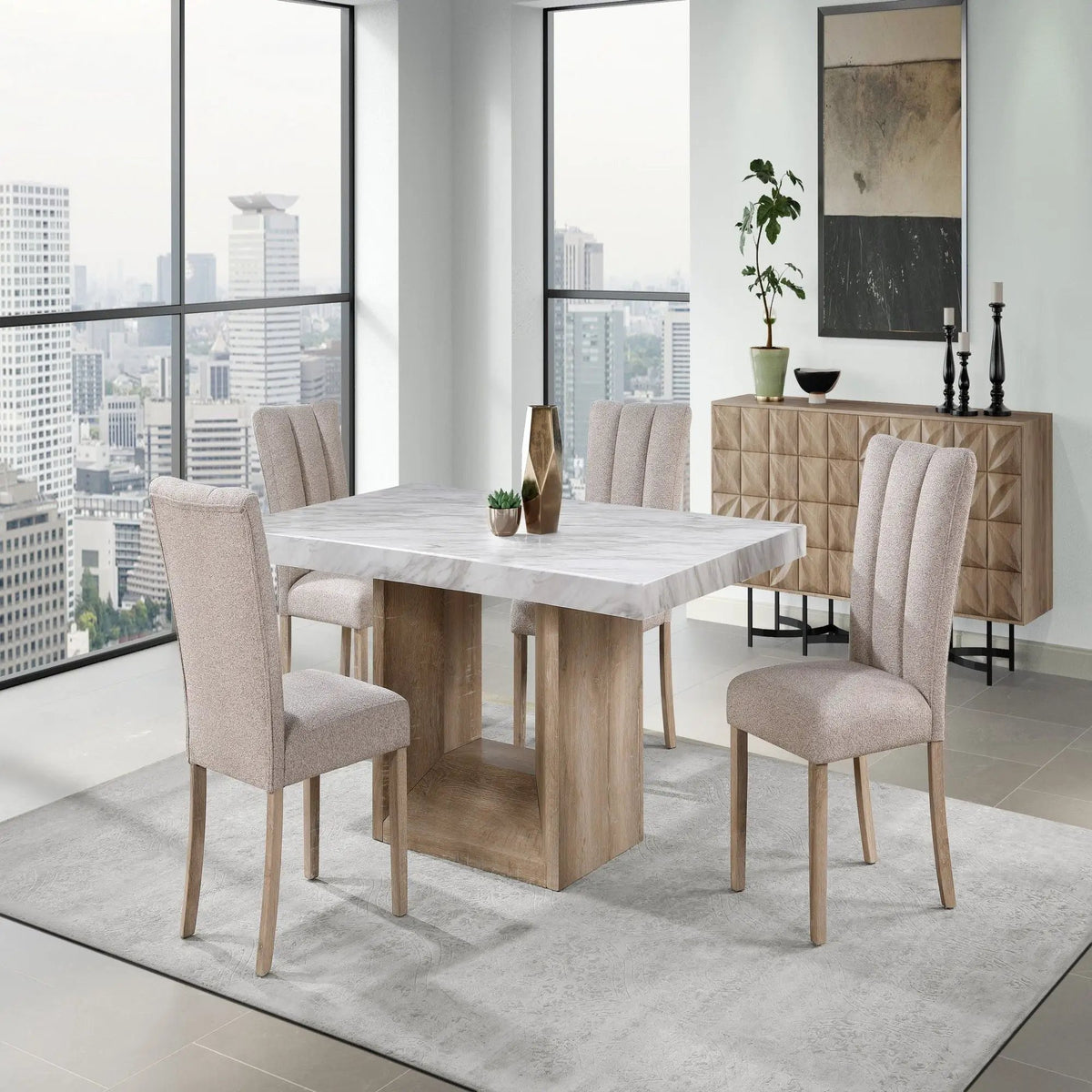 Sheena Dining Table | 70 Inch Width | Faux Marble Top | Natural Wood Look