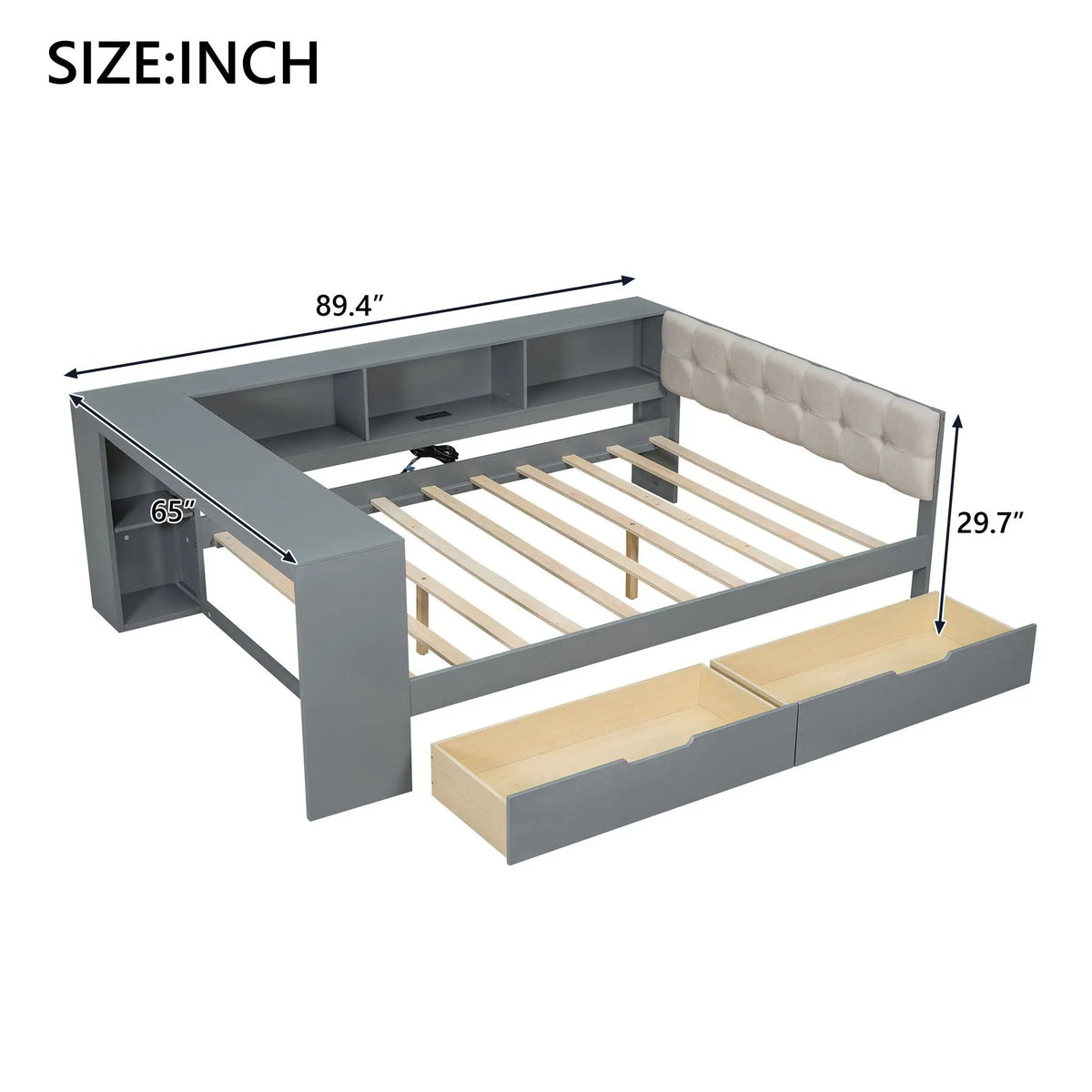 Upholstered Headboard Platform Bed | Storage Shelves | Two Drawers | Charging Station
