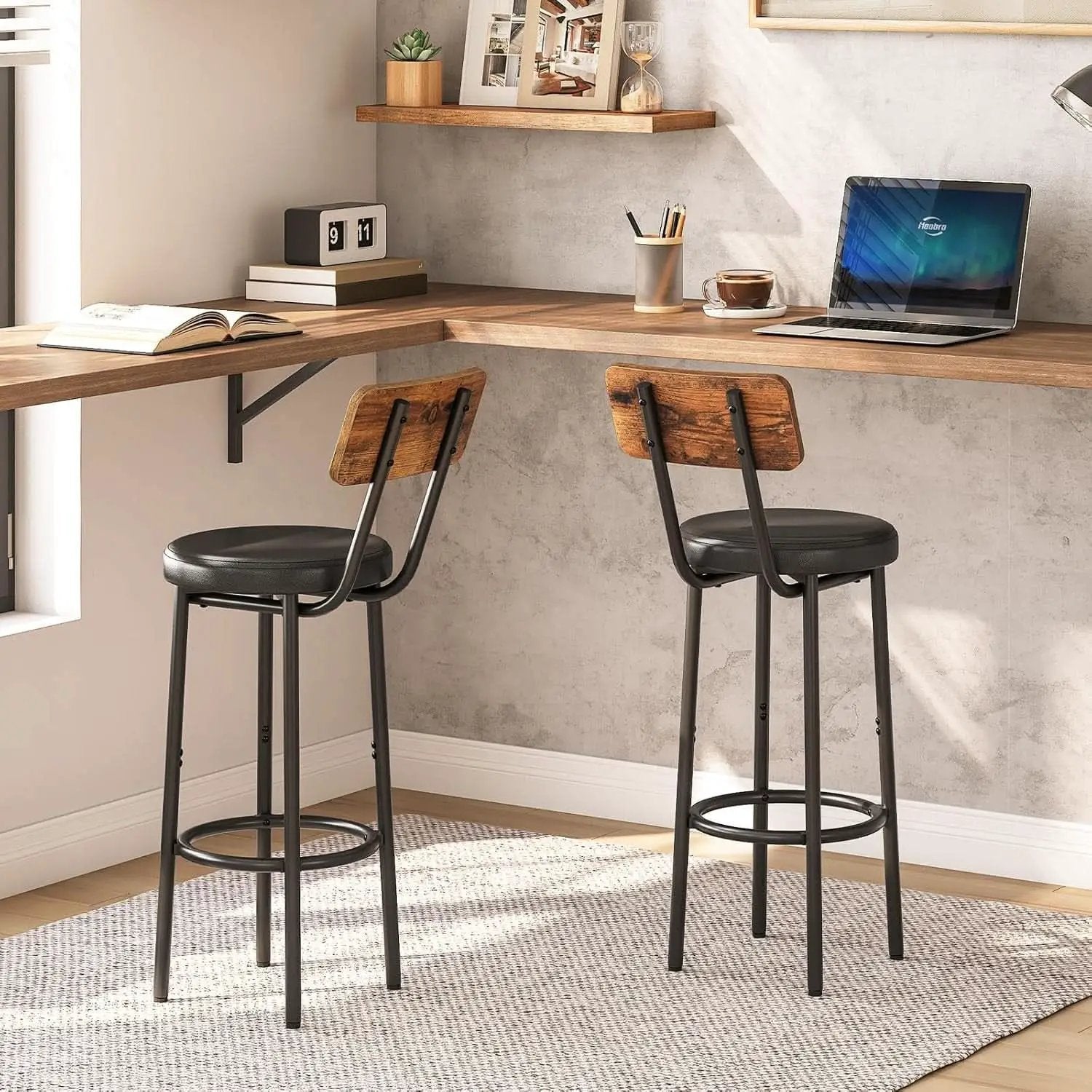 Rustic Brown PU Bar Stools Set of 2 26 Inch With Footrest from PriceLows™