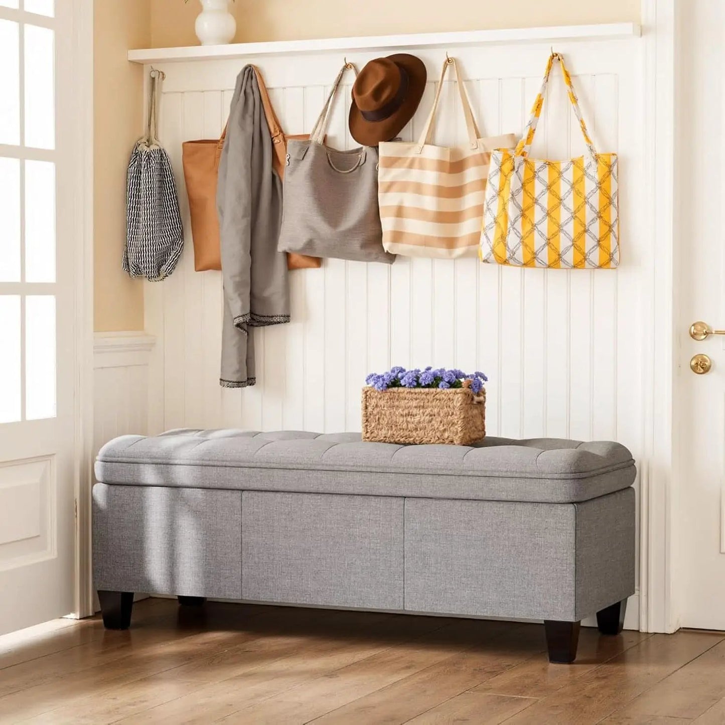 Forty Seven Inch Storage Ottoman Bench Linen Gray Fabric from PriceLows™