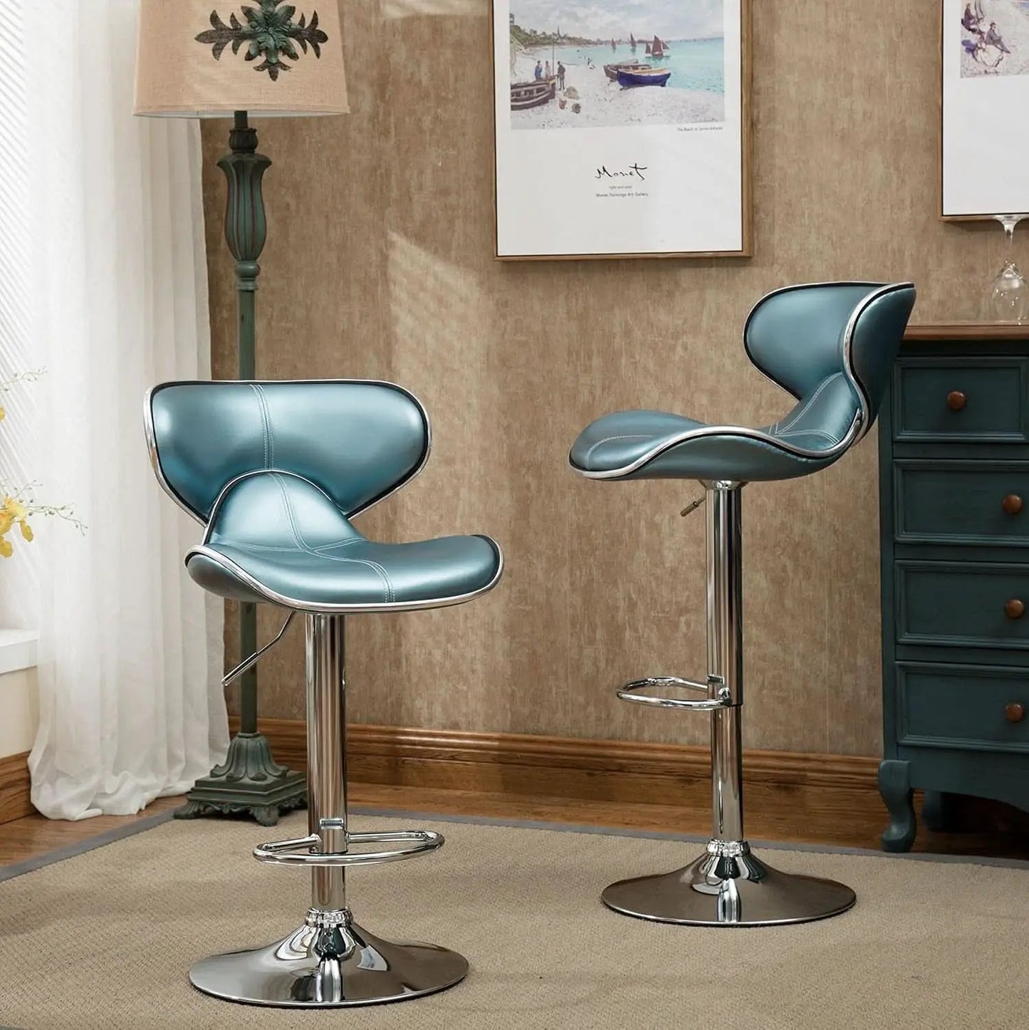 Blue Cushioned Leatherette Barstools Set Of 2 With Airlift Height And Swivel from PriceLows™