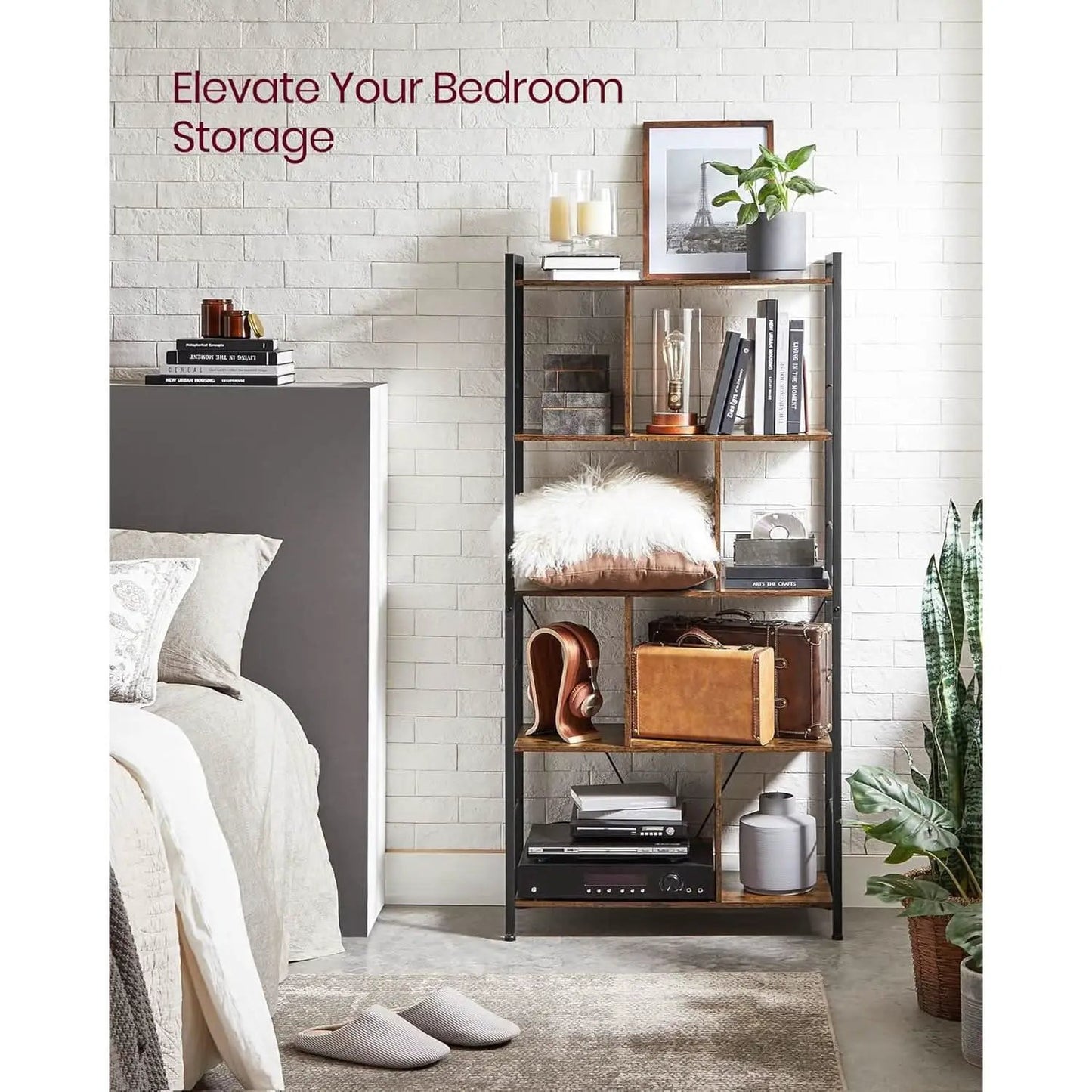 5 Tier Bookshelf Rustic Brown And Black Metal Frame from PriceLows™