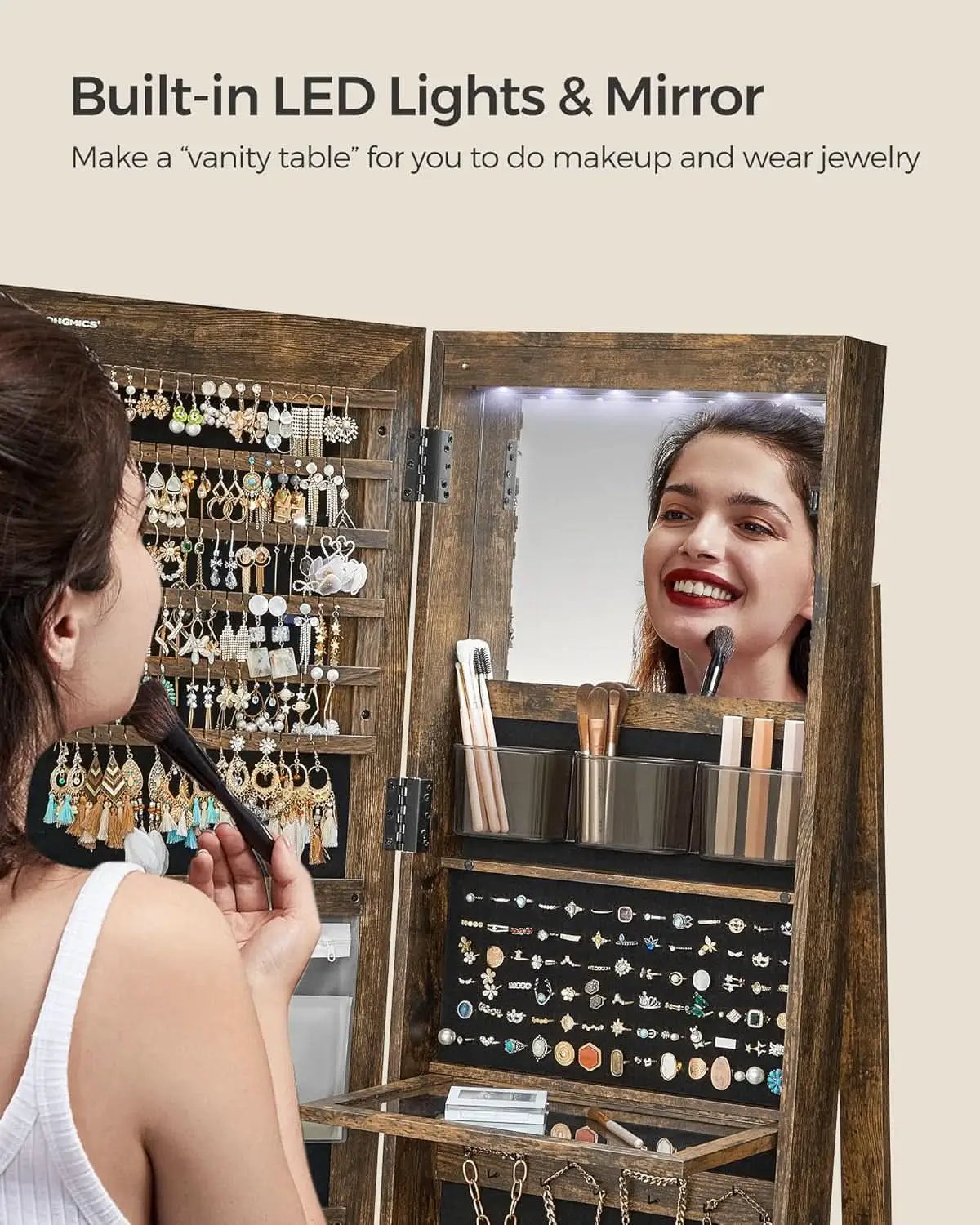 Rustic Brown LED Mirror Jewelry Cabinet Armoire Lockable from PriceLows™