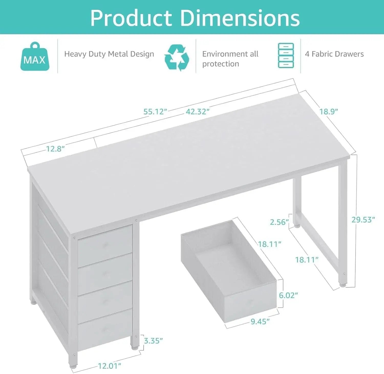 55 Inch White Computer Desk With Fabric Drawer For Home Office from PriceLows™