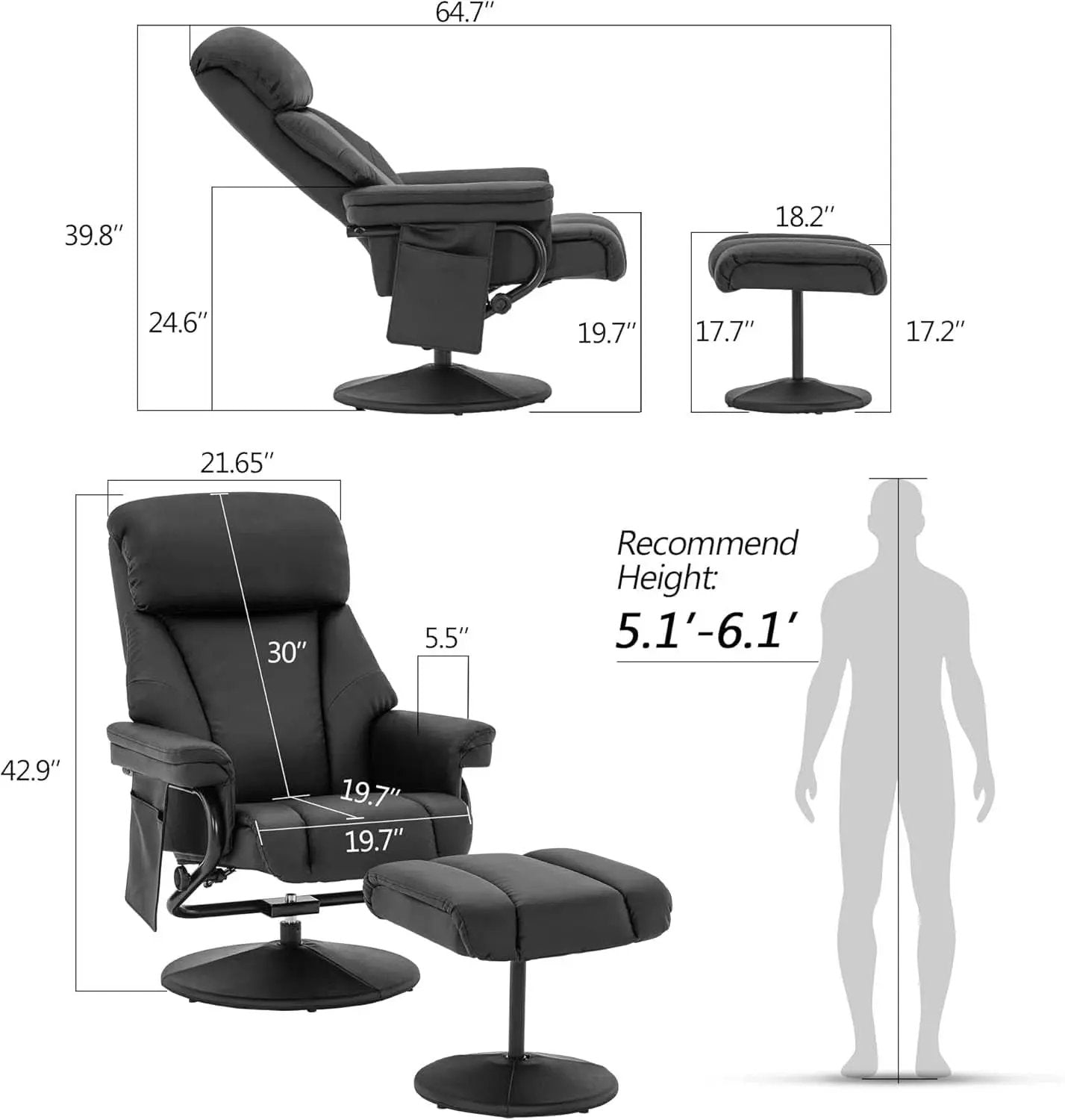 Swivel Recliner With Ottoman Black Faux Leather Massage from PriceLows™
