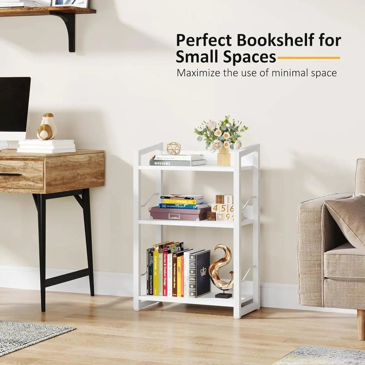 White 3 Tier Bookshelf for Small Space Living Room from PriceLows™
