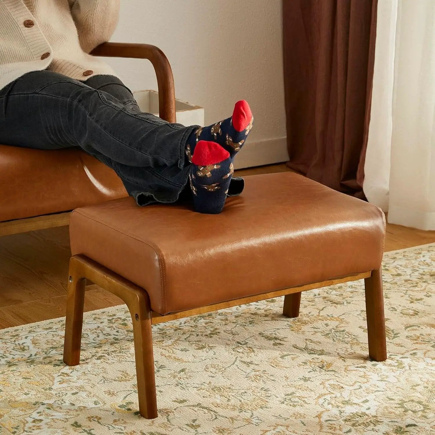 Leatherette Padded Ottoman Footrest Yellowish Brown from PriceLows™