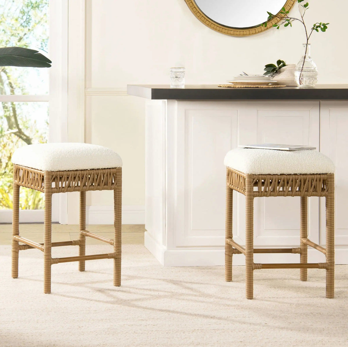 Lucia Backless Upholstered Counter Stool With Frame Counter Height (24"-27") | 15.5 x 15.5 x 25.5 in | Boucle & Rattan | Ivory White