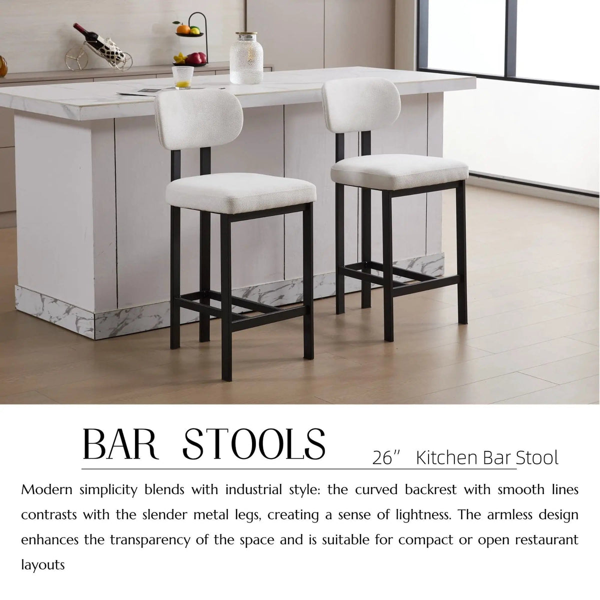 Modern Counter Height Stools (Set of 2) | 2 Pieces | Fabric & Metal | Home