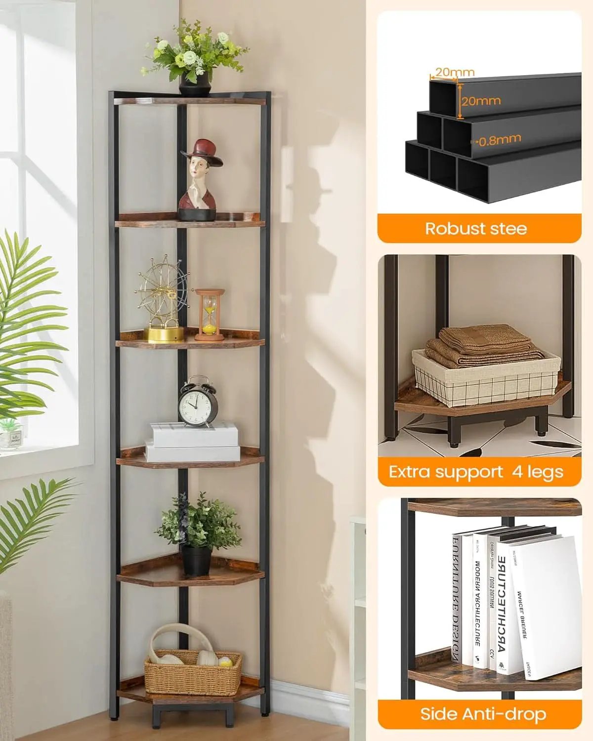 6-Tier Rustic Brown Corner Shelf Stand For Living Room from PriceLows™