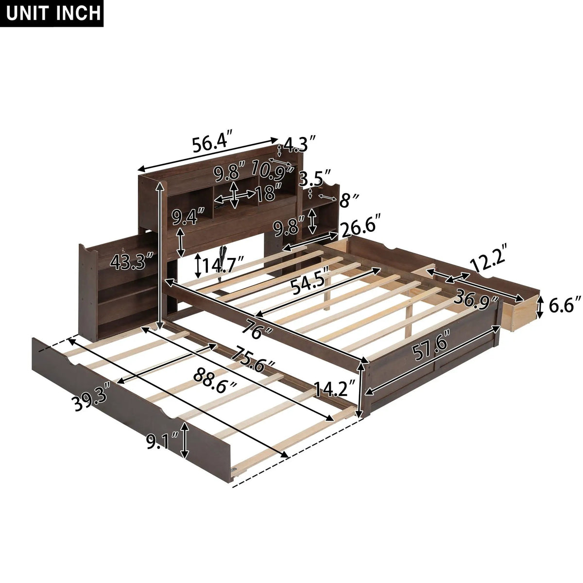 Storage Platform Bed | Solid Pine Wood | Trundle Base | 2 Drawer Storage