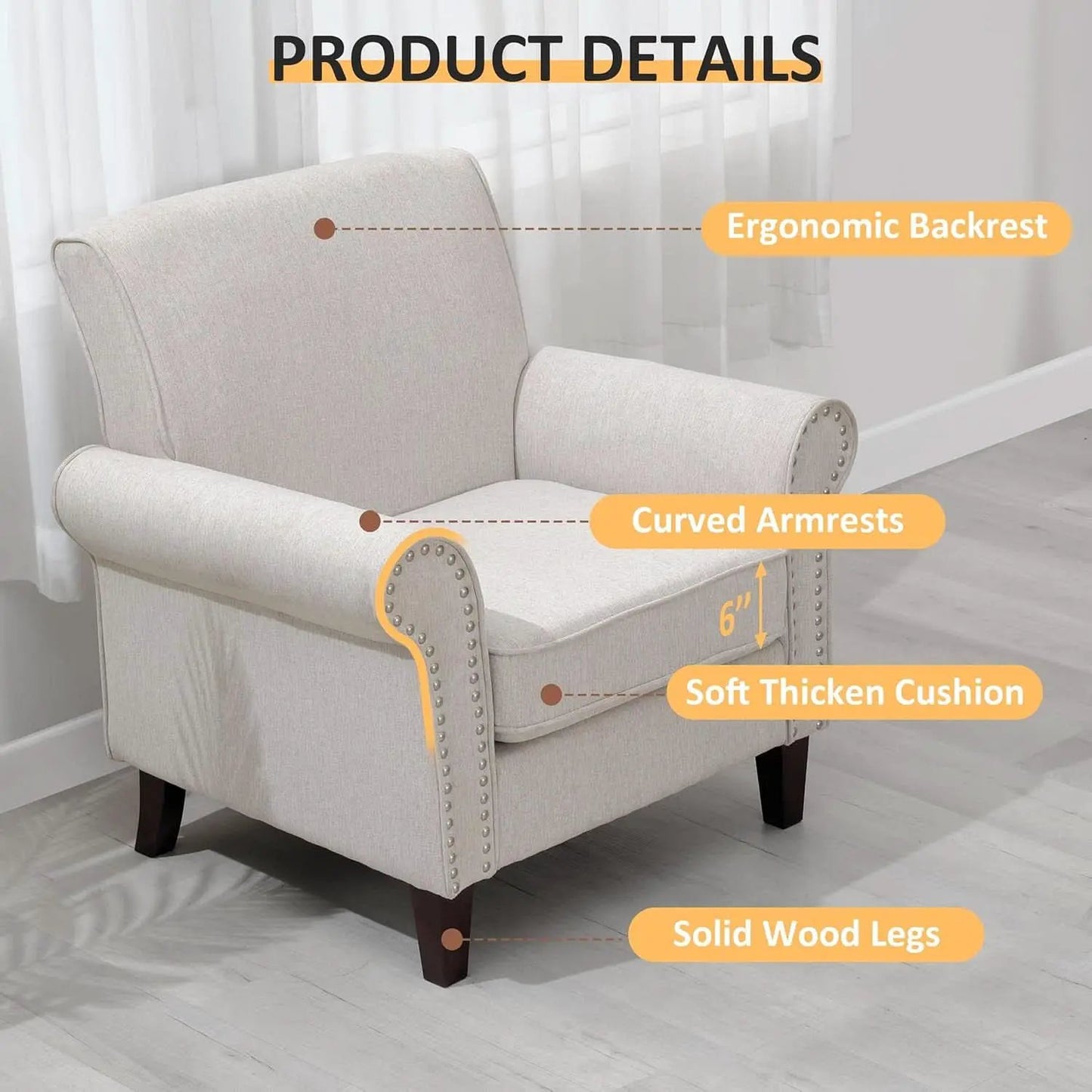 Beige Mid Century Modern Accent Chair Nailhead Trim from PriceLows™