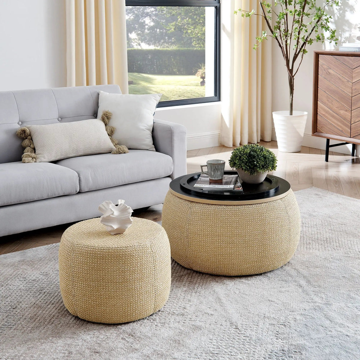 Round Storage Ottoman | Pleated Fabric | Removable Lid