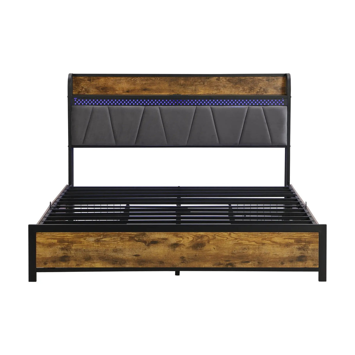 Modern Storage Bed Frame | LED Lights With Remote | Upholstered Headboard | USB Charging Station