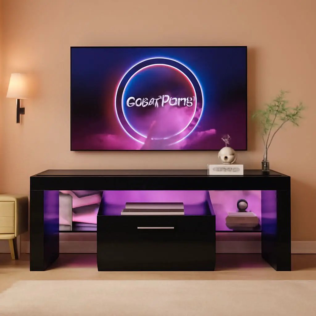 Black LED TV Stand With Large Storage Drawer For TVs Up To 55 Inches from PriceLows™