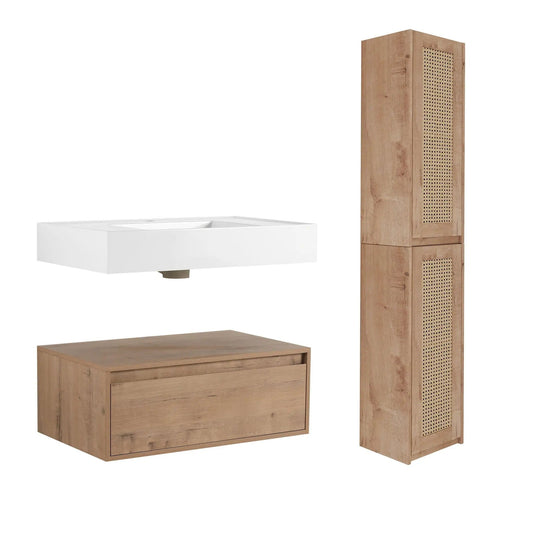 Modern Imitative Wall Mounted Bathroom Vanity With Resin Sink & 2 Side Cabinet, Soft | 29.5 x 18.1 x 15.8 in | Plywood & Resin | Oak