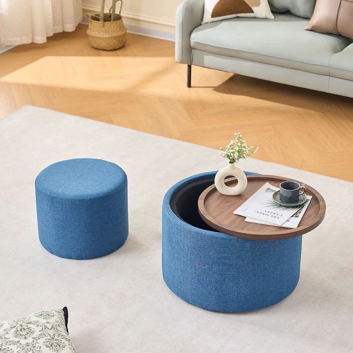 Nesting Ottomans, Round Coffee Table & Bench With Tray (Set of 2) | 4 Piece Living Room Set | Fabric & Wood | Living Room