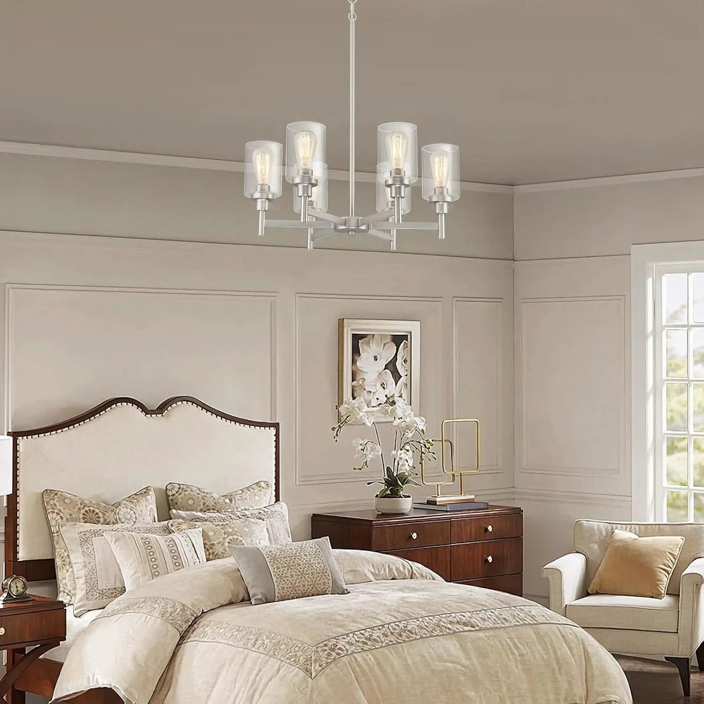 Brushed Nickel Six Light Chandelier With Clear Glass Shades from PriceLows™
