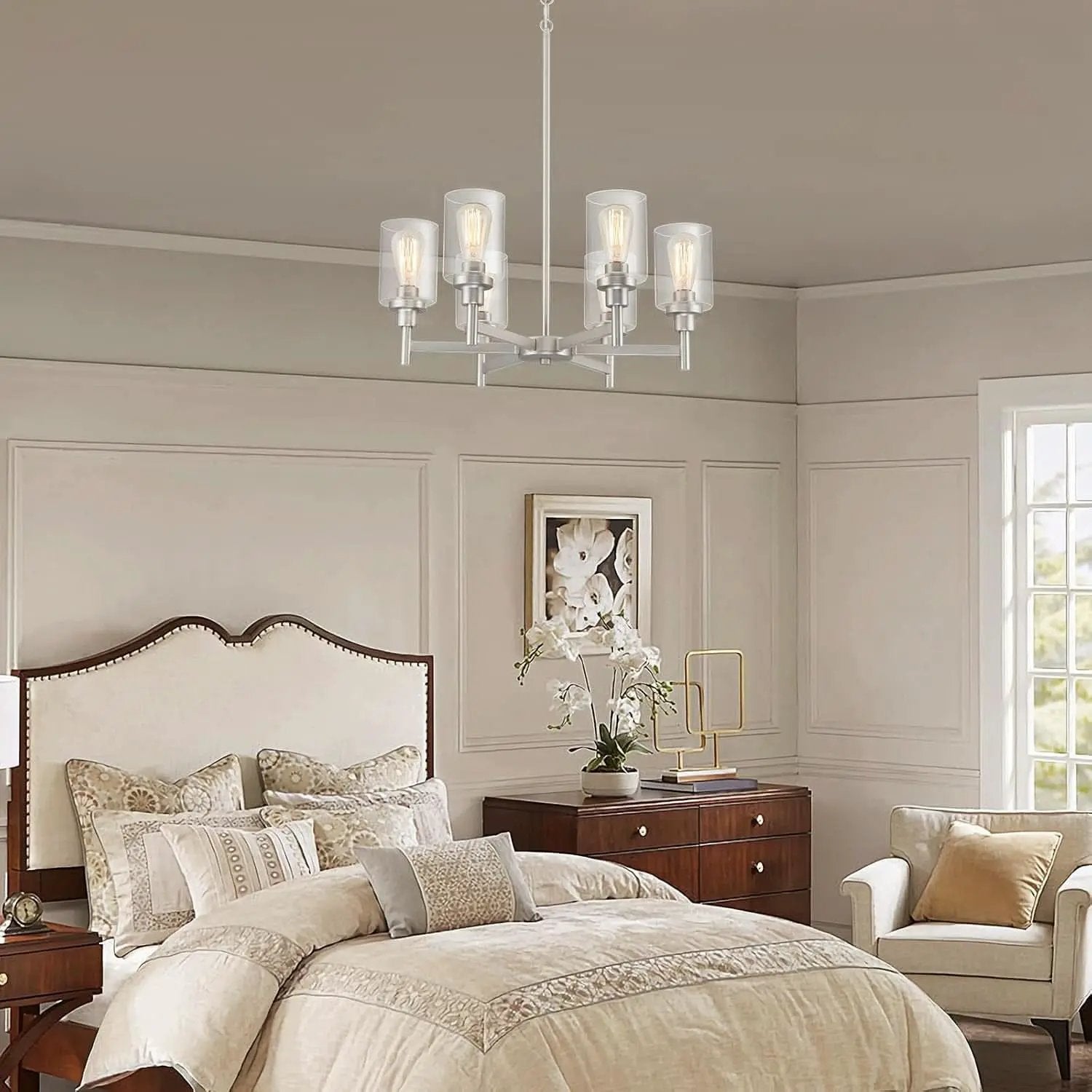 Brushed Nickel Six Light Chandelier With Clear Glass Shades from PriceLows™