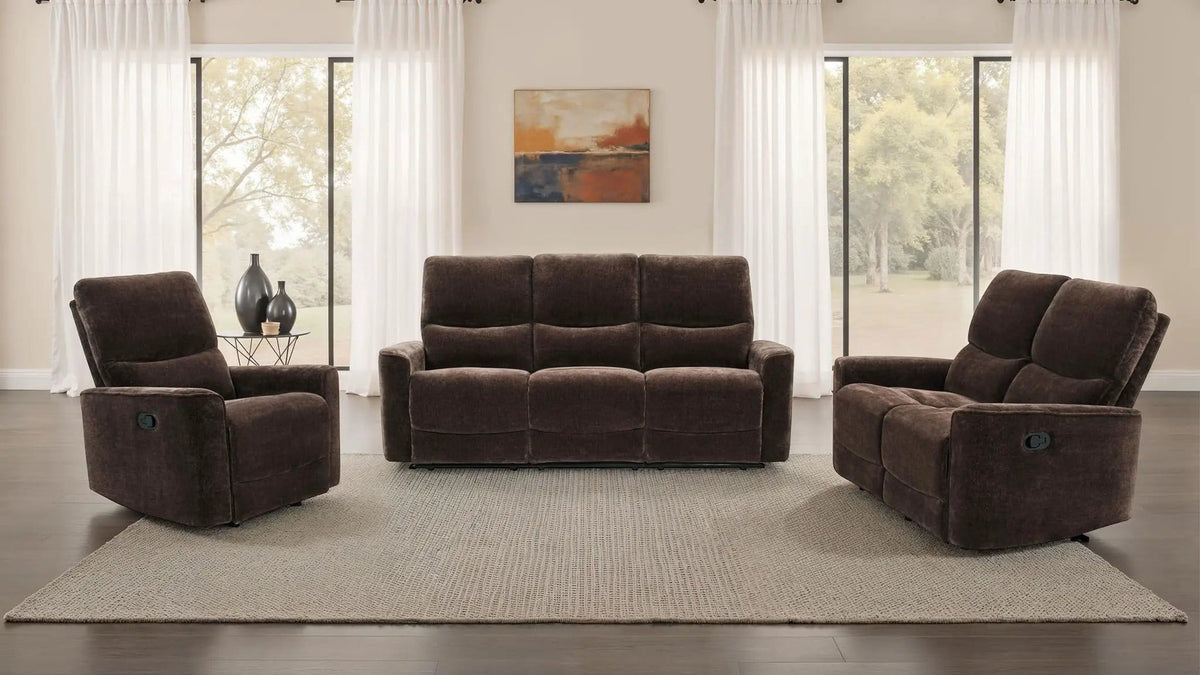 Navarro 3-piece Upholstered Reclining Sofa Set | 3-Piece Set | Chenille & Metal | Dark Brown