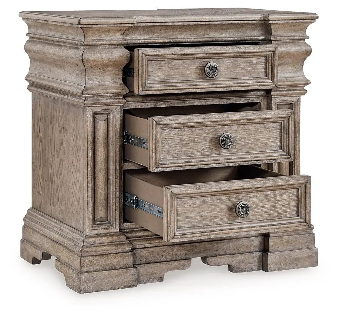 Blairhurst Three Drawer Nightstand | Charging | Light Grayish Brown | Lined Top Drawer