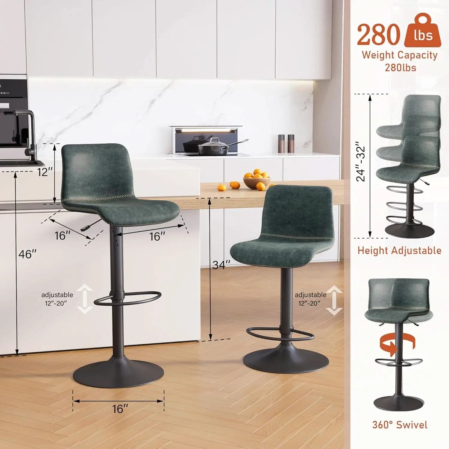 Teal Bar Stools Set Of 3 Adjustable Height 24 To 32 Inches from PriceLows™